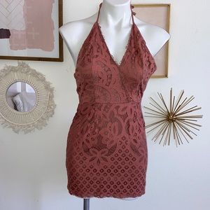 Dusty Rose Lace Halter Mini Dress